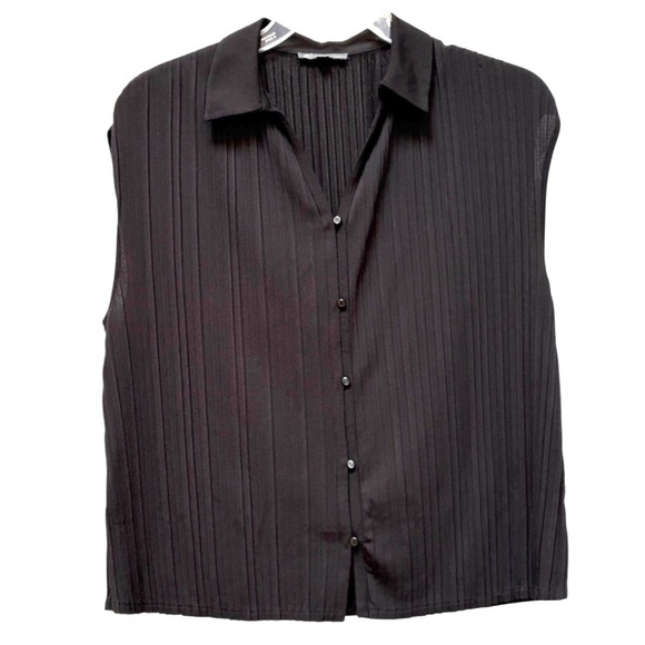 Adrianna Papell Black Pleated Button Down Shirt with Notched Collar Size M - Picture 1 of 9
